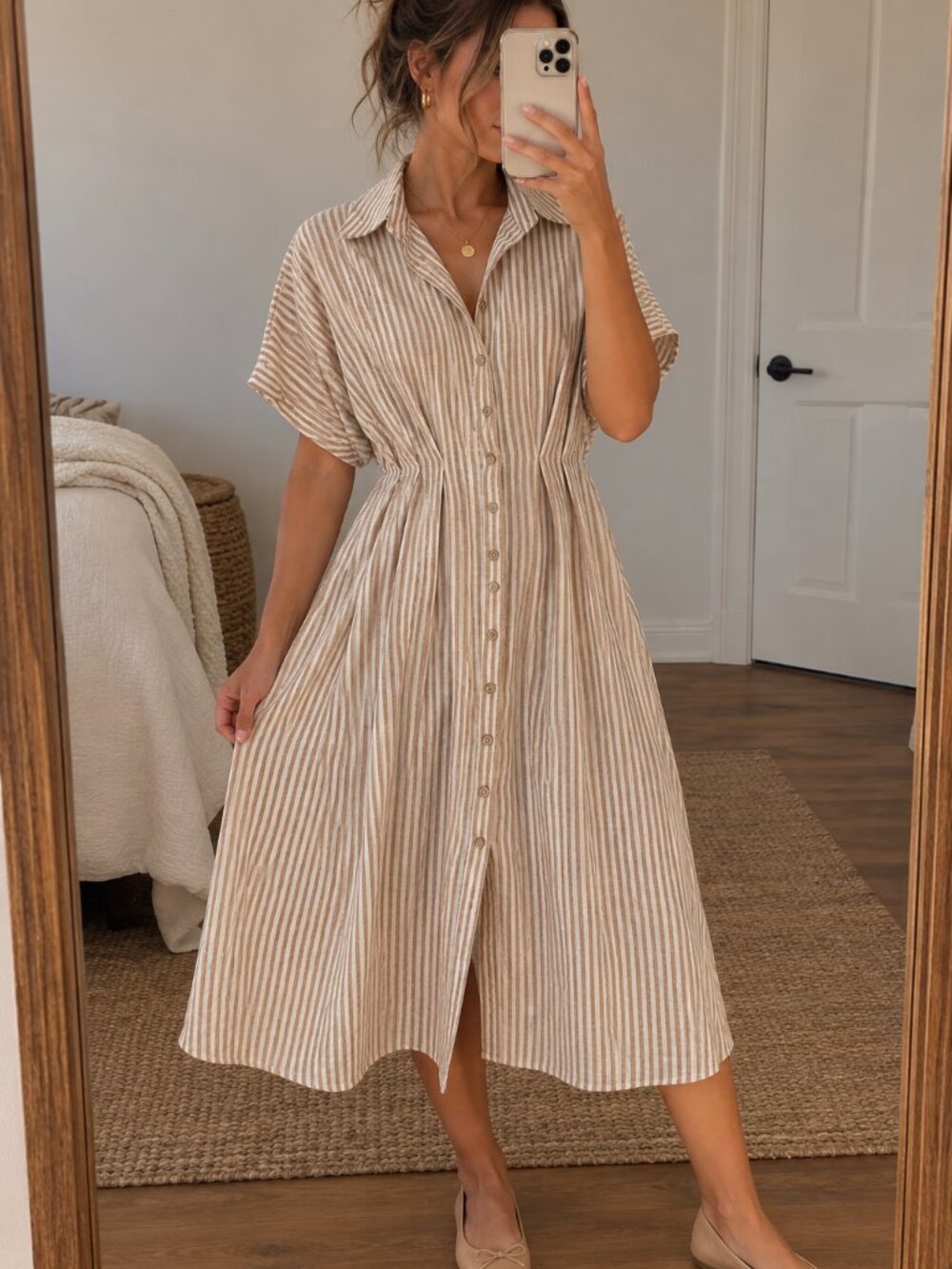 Miou Muse Striped Cotton Maxi Shirt Dress NWT Button Front Beige Brown Small